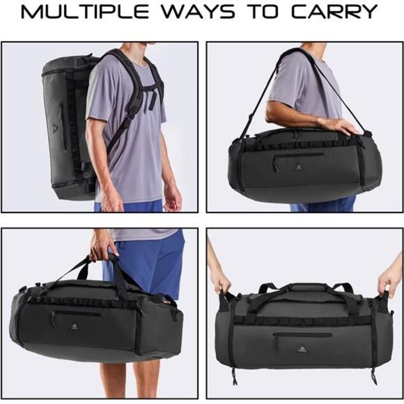 Foldable Duffel Bag Backpack with Shoe Compartment Water Resistant, 50L, Black